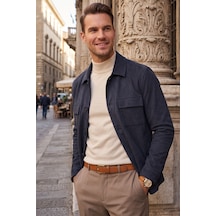 Rizzup Erkek Slim Fit Tüylenmeyen Kırışmayan Lacivert Süet Ceket Astarlı Gömlek Yaka 2704503
