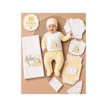 Babush Bebek Hastane Çıkış Seti 10 Parça Yenidoğan %100 Pamuk Ayıcık Nakışlı Premium Set Sarı