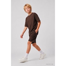 TOMMYLIFE Kahverengi Oversize Fit Basic Erkek Çocuk Şort Takım - 11335 Kahve