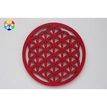Yaşam Çiçeği Ahşap Bardak Altlığı & Küçük Grid Kırmızı Renkli