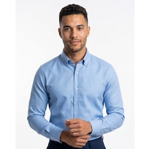 Özeniş Erkek Cepsiz Pamuklu Uzun Kollu Oxford Slim Fit Gömlek Mavi