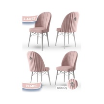 Canisa Ritim Serisi 4 Adet Pembe Sandalye 1.sınıf Babyface Ithal Kumaş Beyaz Gürgen Ayak Gümüş Halkalı Sandalye Pembe Ayaklar Beyaz