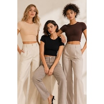 Loule Kadın 3'lü Bisiklet Yaka Kısa Kollu Crop Top Siyah-kahverengi-bej Çok Renkli
