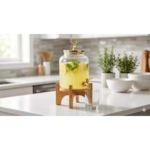 Geyik Figürlü Gold Lüks Cam İçecek Sebili - 3.6 Litre Bambu Standlı Meyve Suyu Kovası