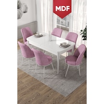 Canisa Kor Serisi MDF 70x114 Açılabilir Mutfak Masası Takımı Beyaz Masa 6 Pembe Sandalye