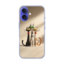 İphone 16 Uyumlu Neşeli Kedi Ailesi Baskılı Silikon Kılıf Renkli