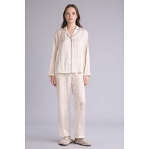 Defacto Çizgili Saten Pijama Takımı Üst Alt G0227ax26sper99 Ekru-er99