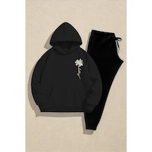 Uyguntarz Unisex Papatya Happy Baskılı Tasarım Oversize Sweatshirt Eşofman Takım Siyah