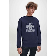 American Moto Costum Vintage Baskılı Indigo Mavi Erkek Sweatshirt