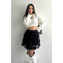 Fashion Cocktail Gotik Puantiyeli Puanlı Kat Tül Tütü Şortlu Beli Lastikli Dantelli Baharlık Yazlık Kombin Etek Siyah Siyah