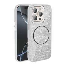 Apple, Uyumlu iPhone 16 Pro Max Kılıf M-safe Şarj Özellikli Parlayan Simli Zore Okso Kapak Beyaz