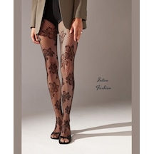 Intive Fashion Jane Büyük Çiçek Desenli File Modern Külotlu Çorap Siyah