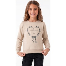 Onloox Kız Çocuk Bej Kız Çocuk Bej Pamuklu Bisiklet Yaka Regular Simli Kalp Baskılı Sweatshirt 9-14 Yaş