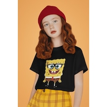 Sevbano Gözlüklü Süngerbob Baskılı Unisex Çizgi Film Çocuk Tişört 1-12 Y Siyah