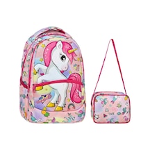 Pembe Unicorn Desenli Kız İlkokul Sırt Çantası + Beslenme Çantası 2307 Çok Renkli