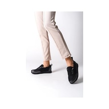 Kadın Galina Siyah Platın Bağcıklı Lastikli Ortopedik Rahat Taban Taş Detaylı Günlük Babet Anne Ayakkabısı-siyah Platin Siyah