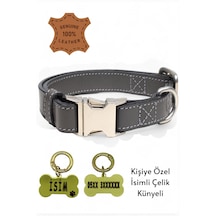 Hakiki Deri Köpek Boyun Tasması, Kişiye Özel Künyeli Lux Seri Gr Gri