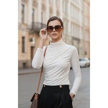 Lela Streç Büzgü Detaylı Slim Fit Dik Yaka Bayan Bluz 669925 Ekru