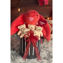 Sole Premium Özel Hediye Kutusunda 45 Cm Mercan Bunny Tavşan Ve 5 Adet Krem Peluş Ayıcık Buketi