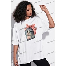 Startmore Beyaz Unisex Sevimli Minik Kedi Baskılı Pamuk Bisiklet Yaka Boyfriend Örme Oversize Beyaz