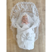 Ekru Kız Erkek Bebek Battaniyesi Kundağı %100 Pamuklu Dantelli Yenidoğan Hastane Çıkışı Mevlütlük Knd45255 Ekru
