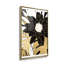Altın Yapraklar Arasında Siyah Çiçek Gold Çerçeveli Cam Tablo