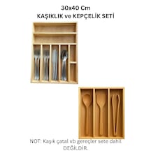 30x40 Cm Çok Bölmeli Ahşap Kaşıklık Ve Kepçelik Seti - Çekmece Düzenleyici- Ahşap Organizer