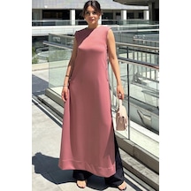 WeShaya Kadın Pembe Kolsuz, Yuvarlak Yaka, Derin Yırtmaçlı, A Kesim Likralı Tunik Elbise Pembe