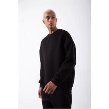 Erkek Bisikilet Yaka 3 İplik Pamuklu Sweatshirt - Siyah
