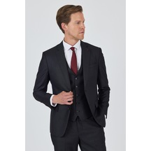 İmza Düz Filafil Mono Yaka Tam Astar Yelekli 6 Drop Slim Fit Takım Elbise 1001250171 Koyu Antrasit