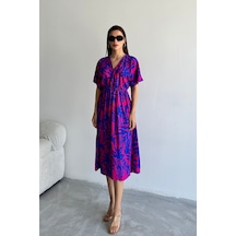 Kadın Mor Derin V Yaka Yazlık Uzun Önden Yırtmaçlı Viskon Elbise