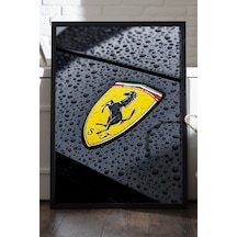 Ferrari Amblem Siyah Ahşap Çerçeveli Poster, Dekoratif Araba Duvar Tablosu
