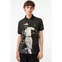 Lacoste L.12.12 Men's Rene Print Classic Fit Polo T-shirt Grafik Baskılı Organik Coton Erkek Polo Yaka Tişört Siyah