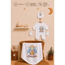 Pia Baby Kişiye Özel Erkek Bebek Tulum Set 4 Parça %100 Pamuk İsimli Organik Baskılı Battaniyeli 1103bt0x Krem