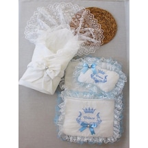 Yenidoğan Nil Taç Nakışlı Kundaklı Trilüks 3lü Alt Açma Seti Mavi Mavi