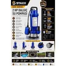 Staxx Qdx2hpm 2hp Dalgıç Su Pompası Bakır Sargılı Şamandıralı 40 Metre Basma 1.5'' Temiz Su Motoru