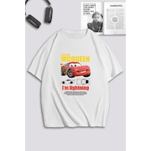 Unisex Kadın Erkek Şimşek Mcqueen Ve Sally Baskılı Özel Tasarım Oversize T-shirt Beyaz Mck0498 Beyaz