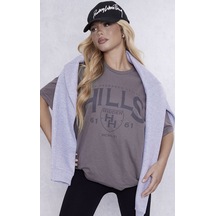 Hidden Hills Süprem T-shirt - Füme Baskılı Oversize Bisiklet Yaka Kısa Kol Tişört Füme