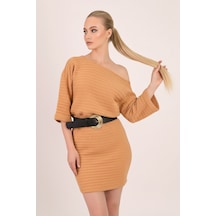 Armonika Kadın Camel Kayık Yaka Yarasa Kol Yumuşak Dokulu Elbise Arm-26k001039