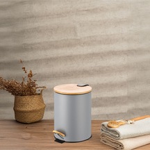 Bambu Kapaklı Pedallı Metal Çöp Kovası - 5 Lt. - Gri Gri