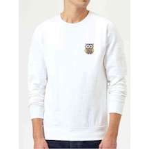 Baykuş Sevimli Baykuş Göğüs Baskılı Beyaz Erkek Sweatshirt