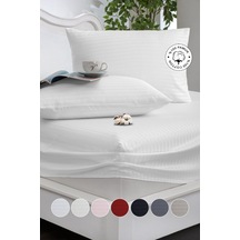 %100 Pamuk Çizgili Saten Tek / Çift Kişilik Lastikli Çarşaf Seti 100x200 120x200 160x200 180x200 Beyaz