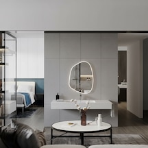 40x55 Cm Modern Asimetrik Banyo Aynası Beyaz Çerçeveli Organik Şekilli Duvar Aynası Beyaz