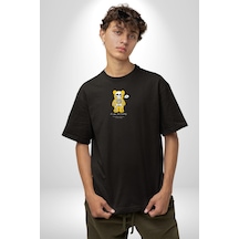 Mutlu Ol Siyah Oversize Unisex Ön Orta Minimal Baskılı Tişört Siyah