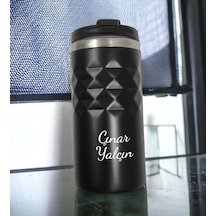 Kişiye Özel Baskılı Geometrik Desenli Siyah Renk Termos Bardak 300ml