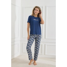 Kompedan Kadın Çiçek Desenli Bisiklet Yaka Pijama Takım Lacivert 30102-963 Lacivert