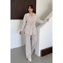 Balenbi Oversize Fermuarlı Beli Bağcıklı Polo Yaka Modal Kadın Takım 1196 - Form Serisi Taş
