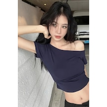Lacivert Kadın Düşük Omuz Kayık Yaka Dar/slim Likralı T-shirt Lacivert