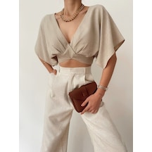 Fashion Cocktail Kısa Kol V-yaka Keten Sırt Bağlama Mini Karın Dekolteli Yazlık Kombin Crop Bluz Krem