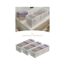 3 Adet - Medium 11 Gözlü Çekmece Içi Düzenleyici Organizer 16 X 40 X 12cm Kumaş Beyaz Diğer